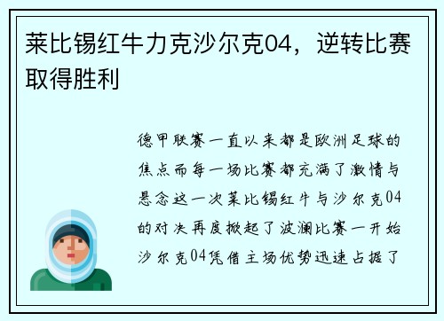 莱比锡红牛力克沙尔克04，逆转比赛取得胜利