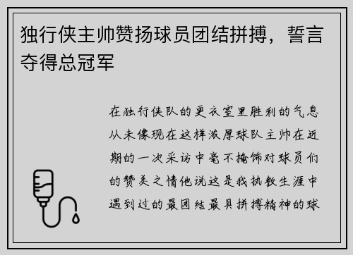 独行侠主帅赞扬球员团结拼搏，誓言夺得总冠军