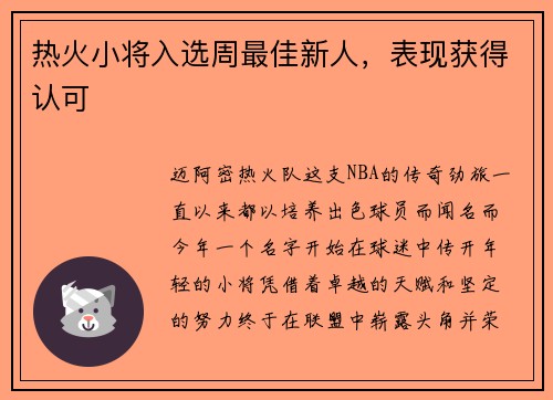 热火小将入选周最佳新人，表现获得认可